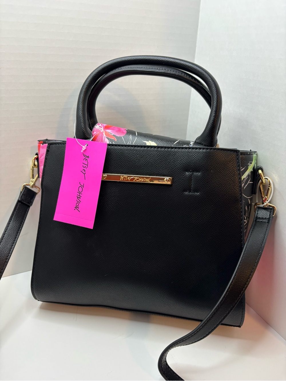 Betsey Johnson Black satchel bag with Pink Floral Detail on the sides
